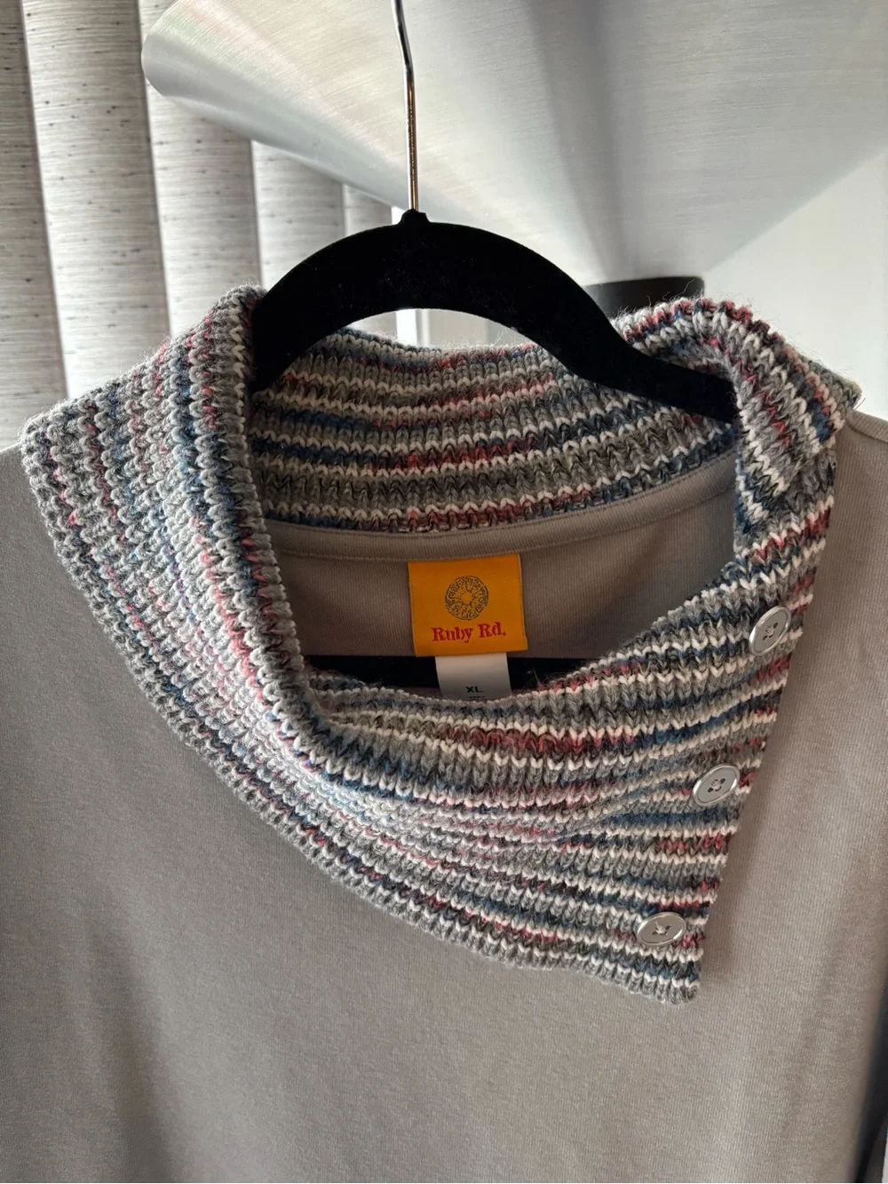 Ruby Rd. Gray Pullover with Multicolor Striped Button Cowl - Picture 2 of 7